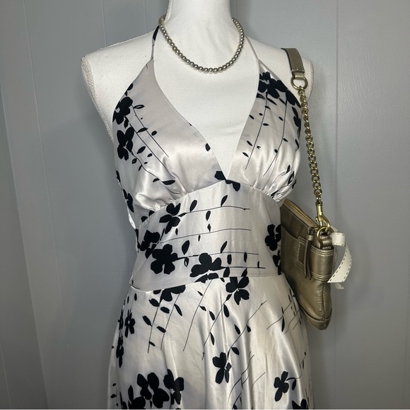 White & Black Floral Halter Midi Dress | Satin Look | Size S - Picture 3 of 8